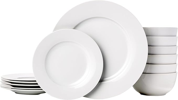 Basics Kitchen Dinnerware Set, Microwave and Dishwasher Safe, Plates, Bowls, Service for 6, 18-Piece, White