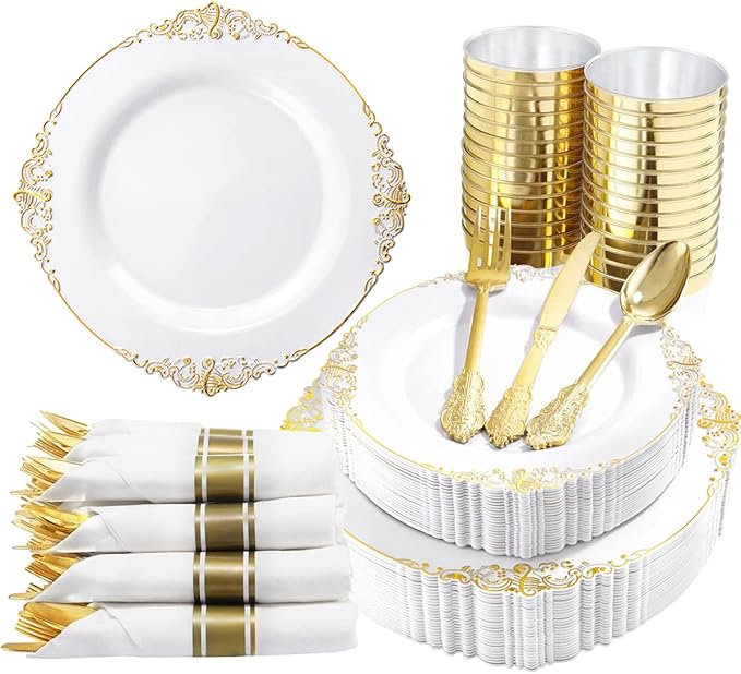 350PCS Gold Plastic Plates - Gold Plastic Dinnerware Sets for 50 Guests - 100 Disposable Plates, 150 Silverware, 50 Cups, 50 Napkins for Wedding & Party & Independence